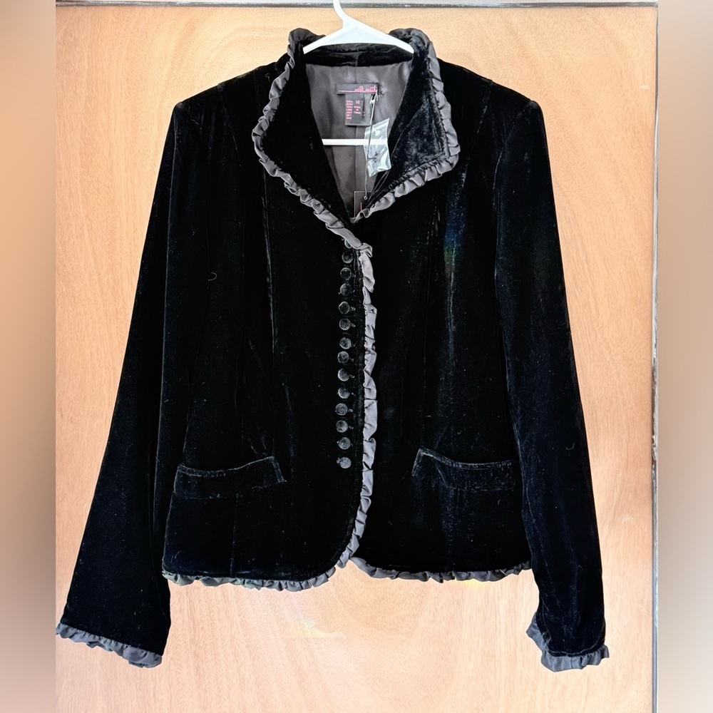 NWT Willi Smith Black Velvet Ruffle Blazer Jacket Vintage Y2K Sz 14